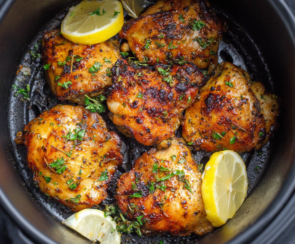 Juicy air fryer boneless chicken thighs cooked to perfection with crispy edges