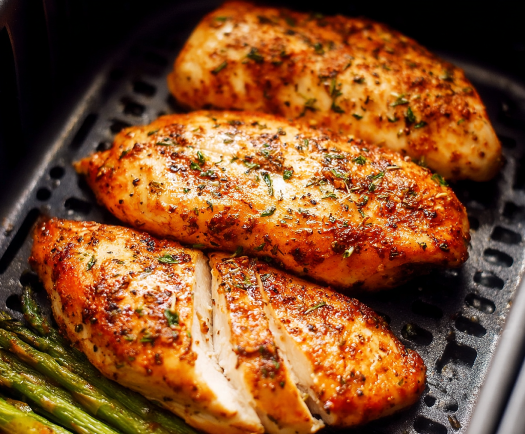Juicy air fryer chicken breast cooked to perfection, showcasing a golden crispy exterior.