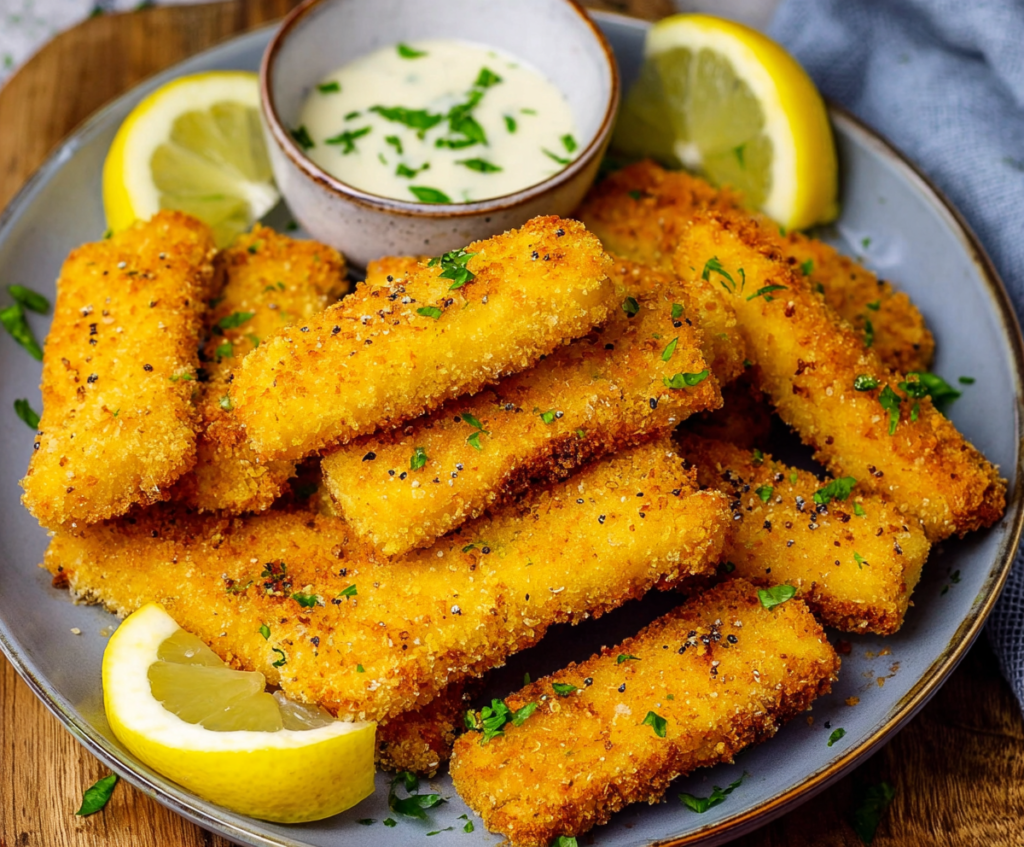 Crispy air fryer fish sticks served with lemon wedges on a white plate.