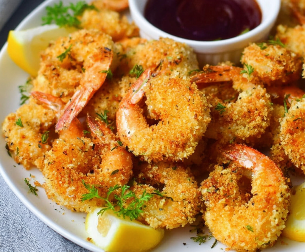 Crispy air fryer fried shrimp served with lemon slices on a plate