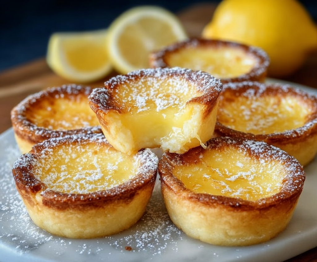 Delicious Baby Lemon Impossible Pie topped with fresh lemon slices and served on a rustic plate.