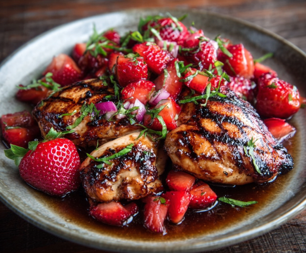 Delicious balsamic glazed chicken served with fresh strawberries on a plate.