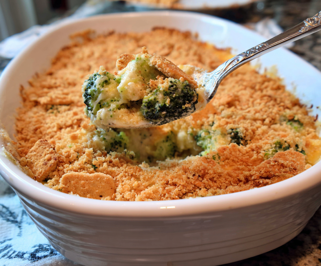 Delicious broccoli casserole topped with crunchy Ritz crackers, perfect for a comforting family dinner.