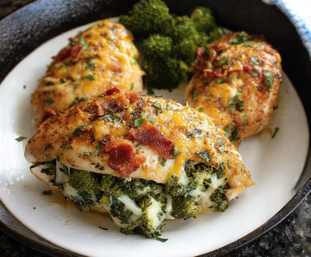 Delicious broccoli stuffed chicken breast with melted cheese on a plate, perfect for a healthy dinner.