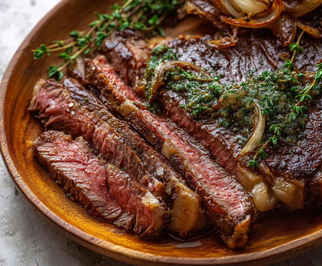 Juicy steak coated with brown butter and herbs, cooked to perfection on a sizzling skillet.