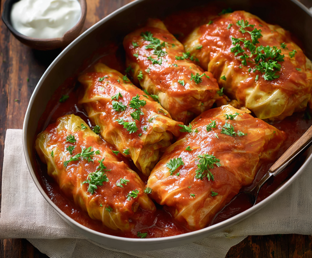 Delicious homemade cabbage rolls filled with seasoned meat and rice, served on a plate.