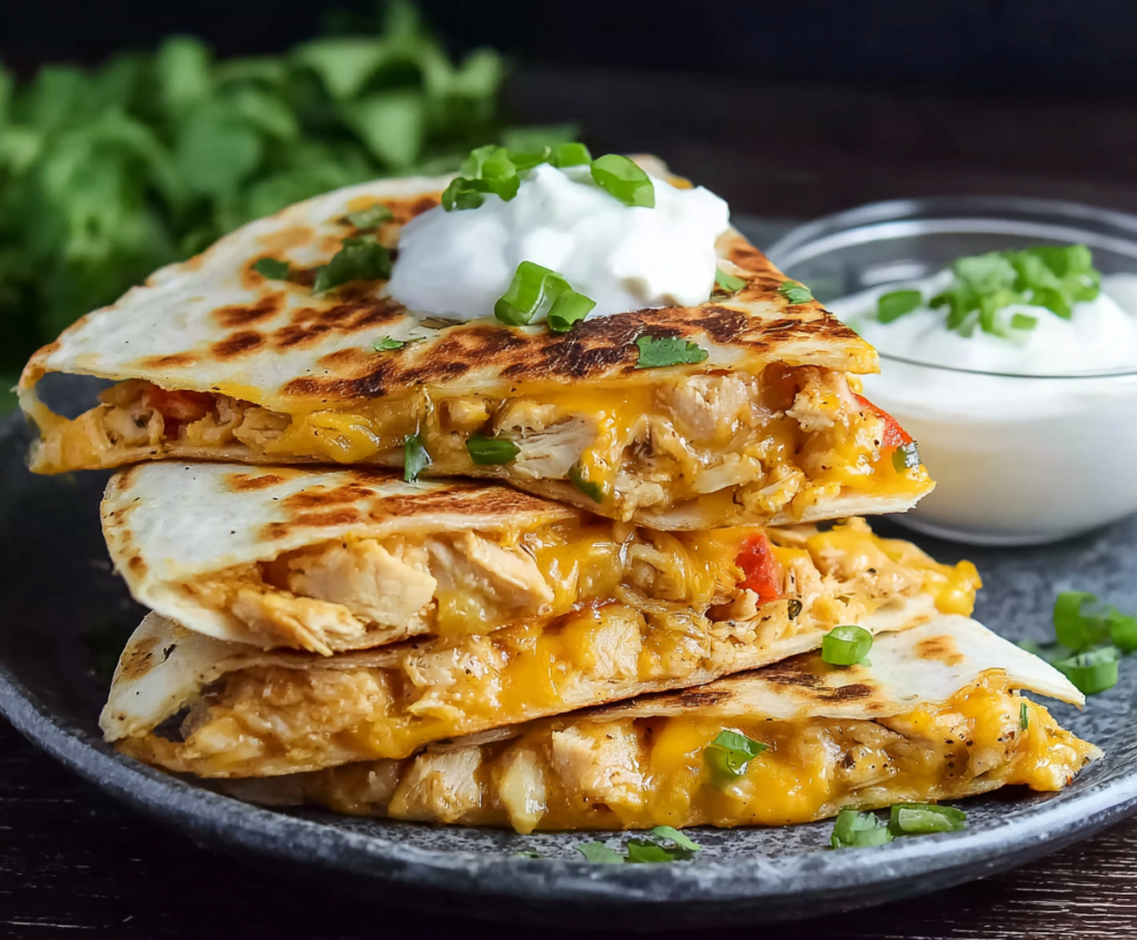 Delicious cheesy chicken quesadillas with melted cheese and crispy tortillas ideal for lunch or dinner.