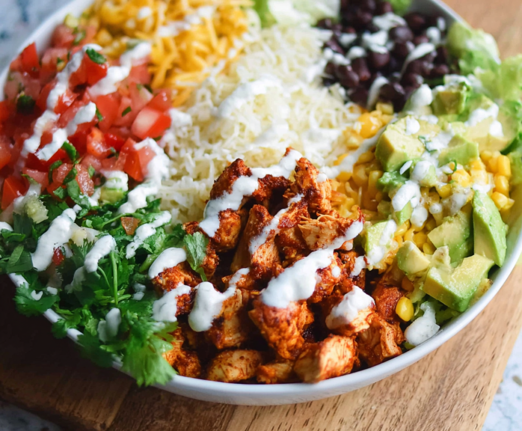 Delicious chicken burrito bowl topped with fresh vegetables and melted cheese