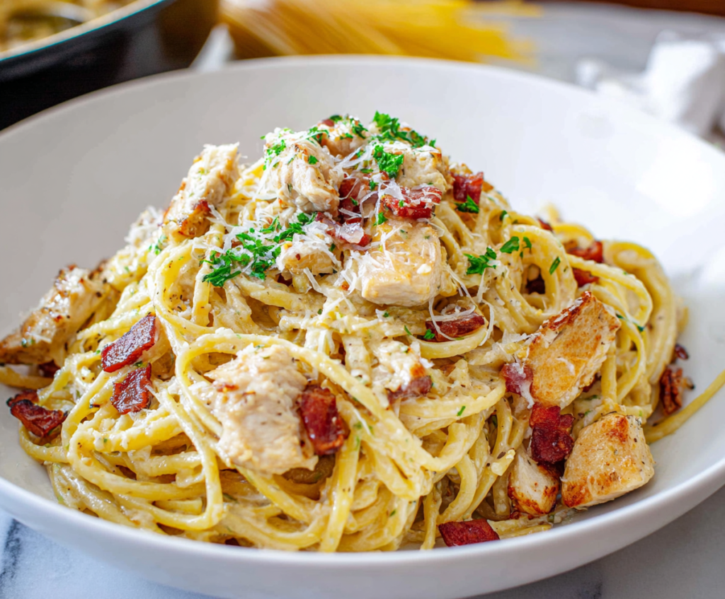 Delicious chicken carbonara pasta served on a plate with creamy sauce and crispy bacon bits.