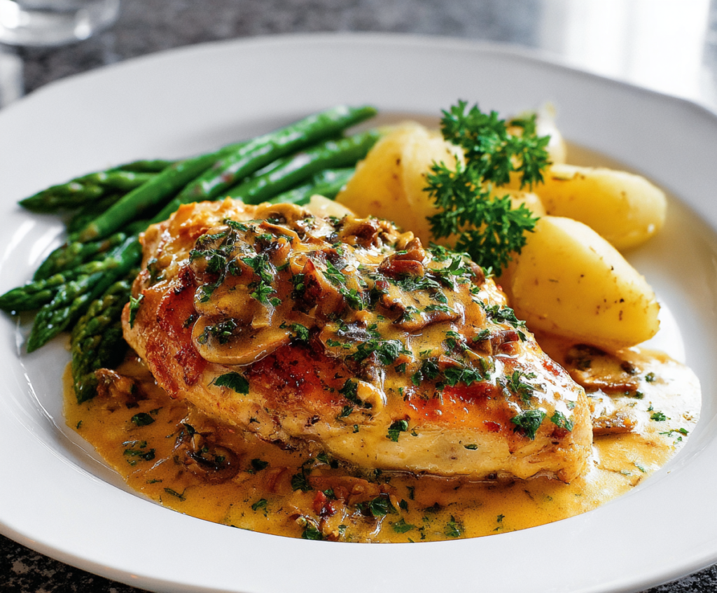 Delicious Chicken Diane dish plated with fresh herbs and lemon slices, showcasing a savory and elegant meal.