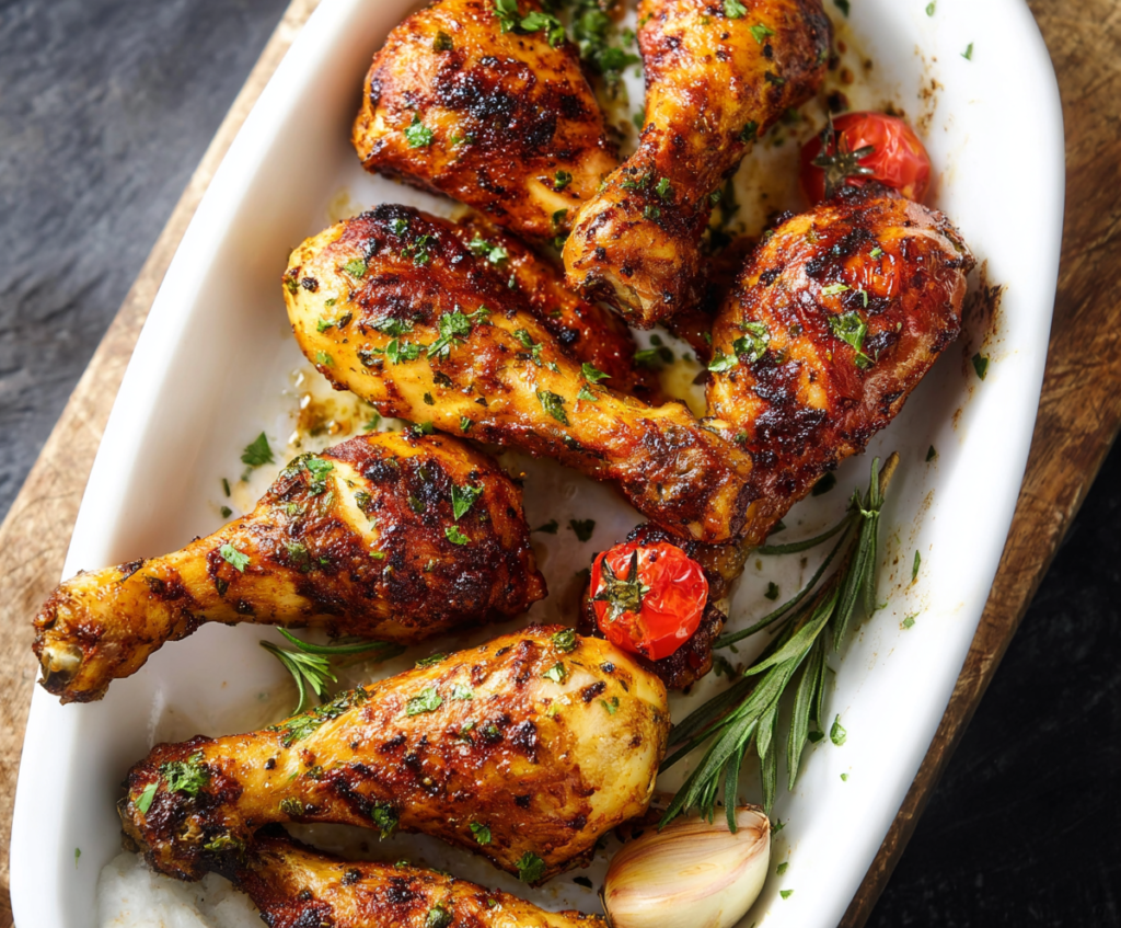 Juicy baked chicken drumsticks with crispy golden skin on a white plate.