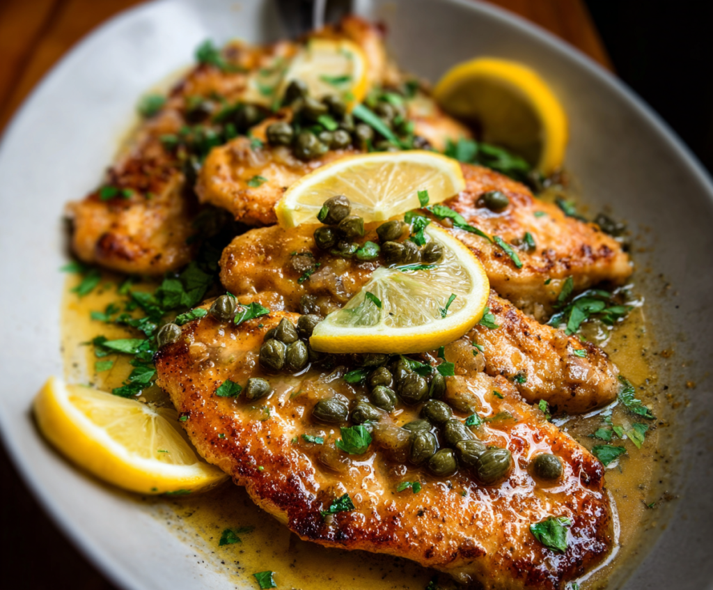 Delicious Chicken Piccata with lemon and capers served on a plate