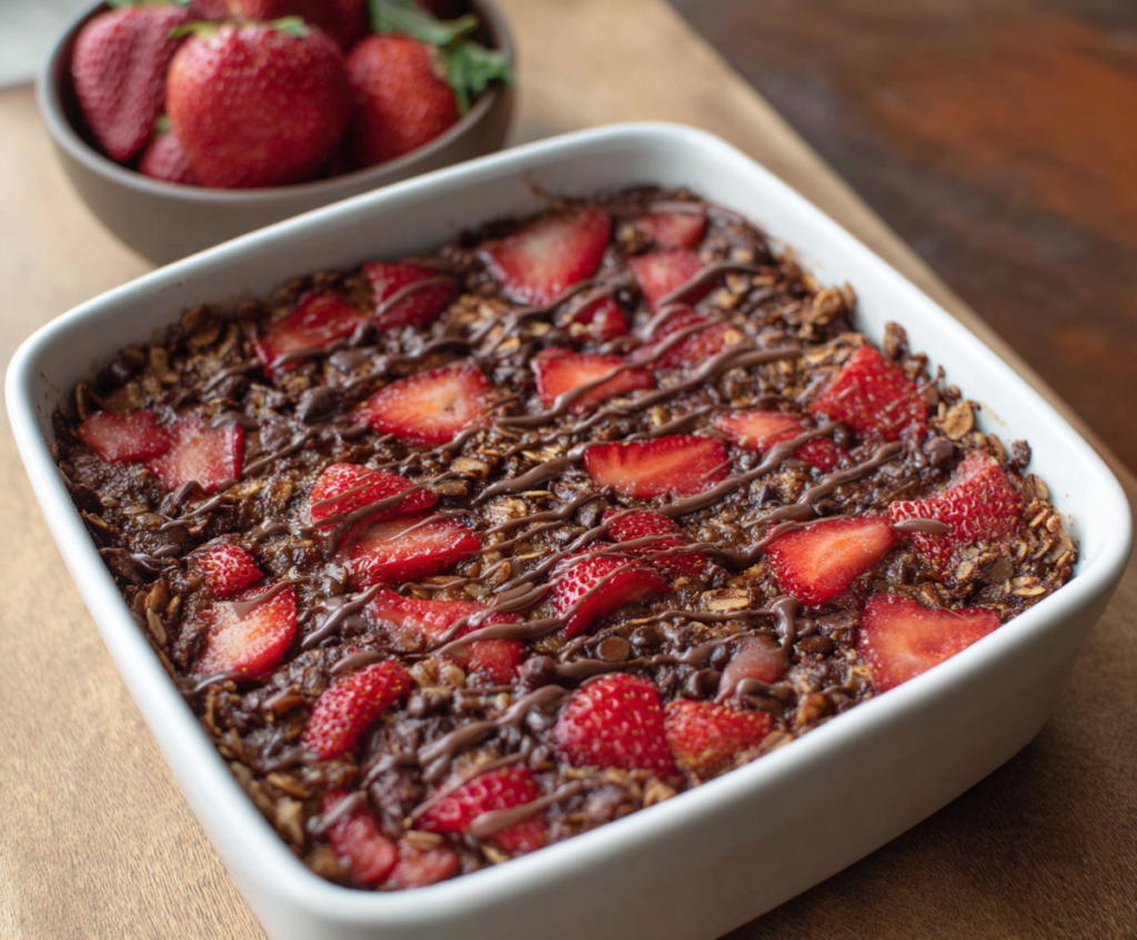 Delicious chocolate strawberry baked oatmeal served in a white dish, perfect for breakfast or dessert.