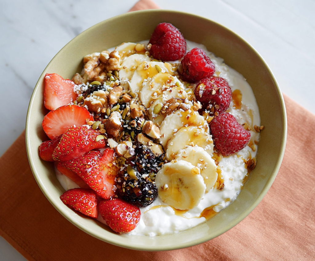 Healthy cottage cheese breakfast bowl with fresh fruits and nuts for a nutritious start to your day.