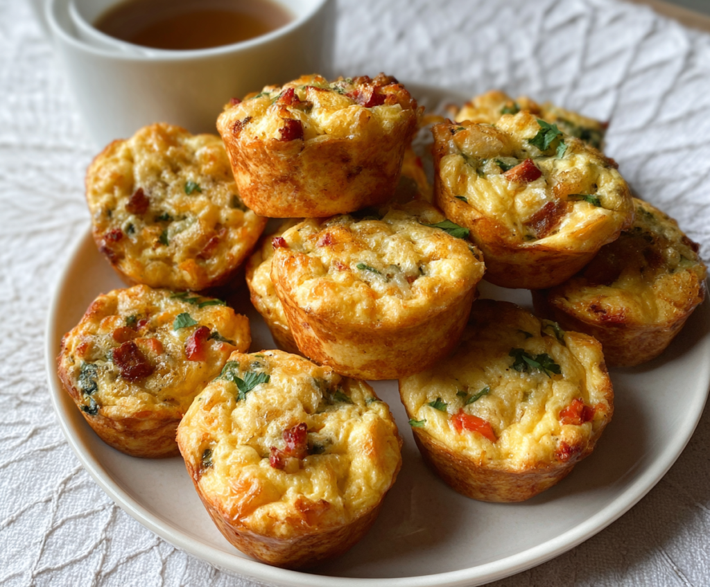 Healthy cottage cheese breakfast muffins on a plate with fresh fruit