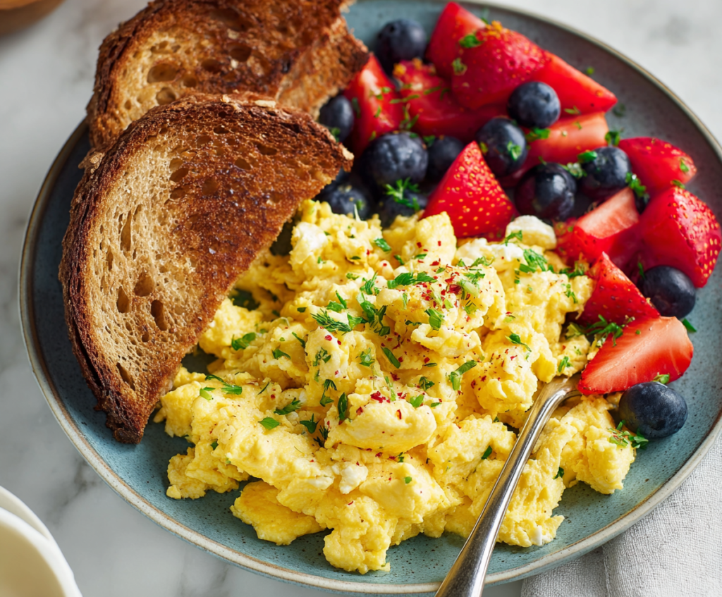 Creamy cottage cheese scrambled eggs garnished with herbs served for a healthy breakfast.