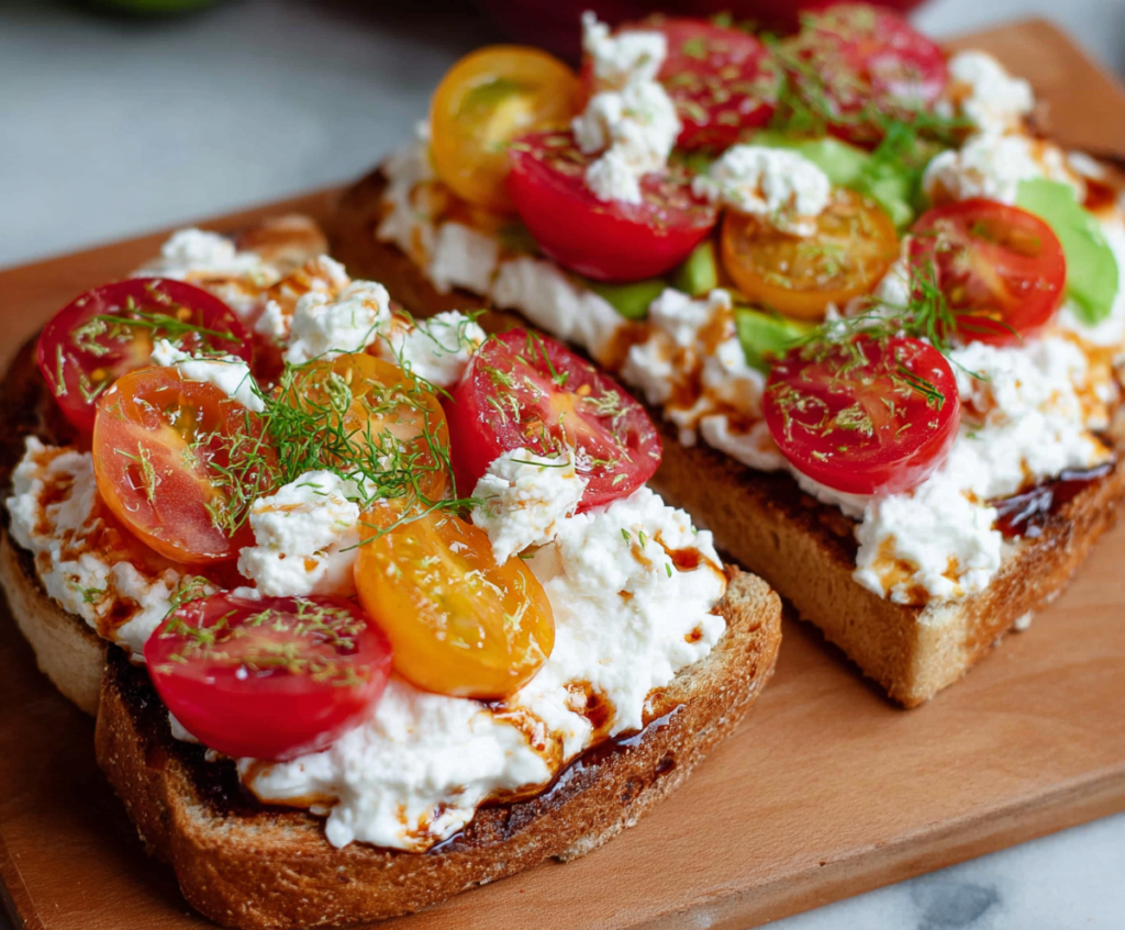 Delicious cottage cheese toast topped with fresh herbs on a rustic plate