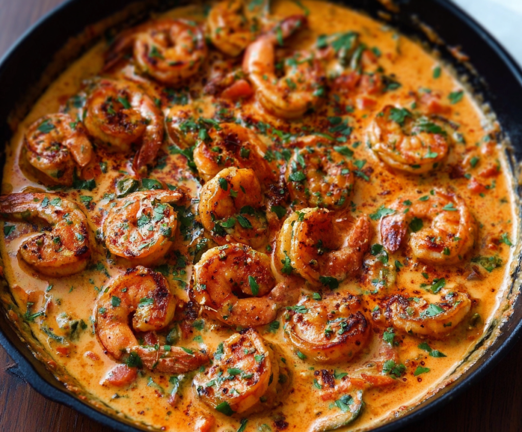 Creamy garlic and paprika shrimp cooked in a skillet, garnished with fresh herbs.