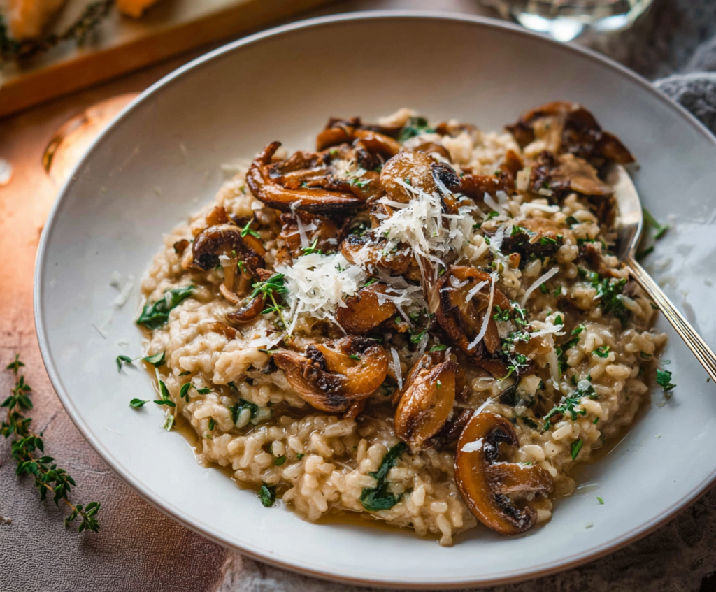Creamy mushroom risotto in a bowl for a romantic dinner for two.