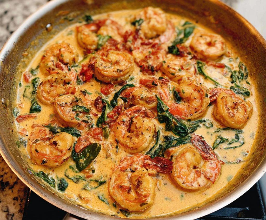 Delicious creamy Tuscan shrimp served with fresh herbs and garlic in a rich sauce.