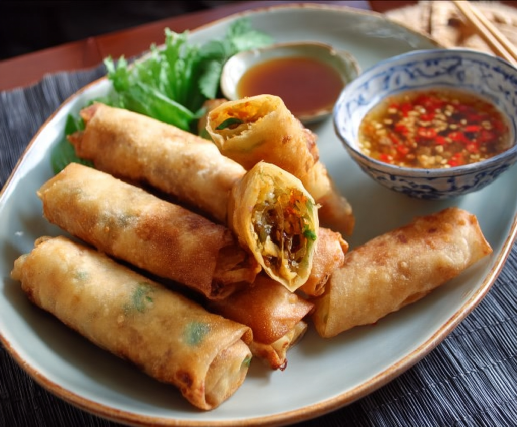 Crispy spring rolls filled with fresh vegetables and meat, served with dipping sauce on a white plate