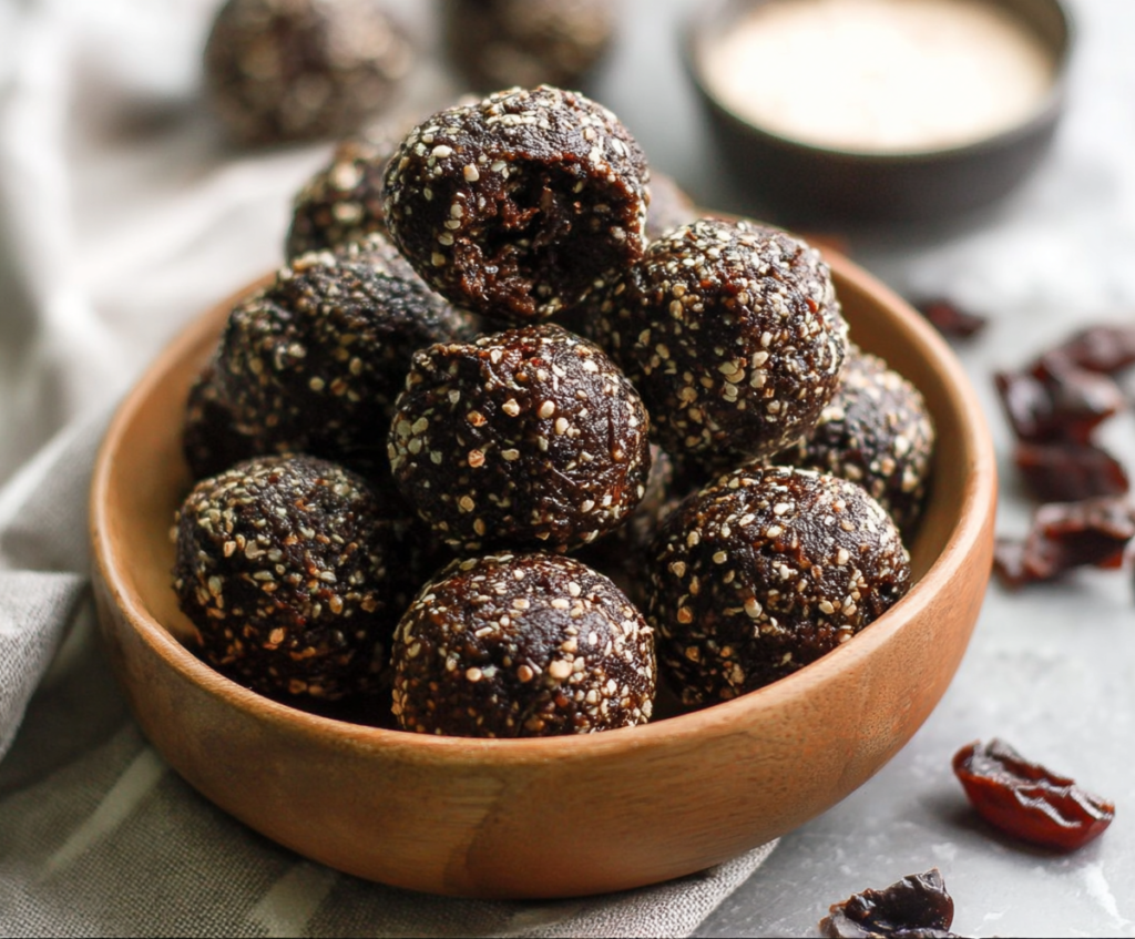 Delicious homemade dark chocolate energy bites on a rustic baking tray, perfect for a healthy snack.