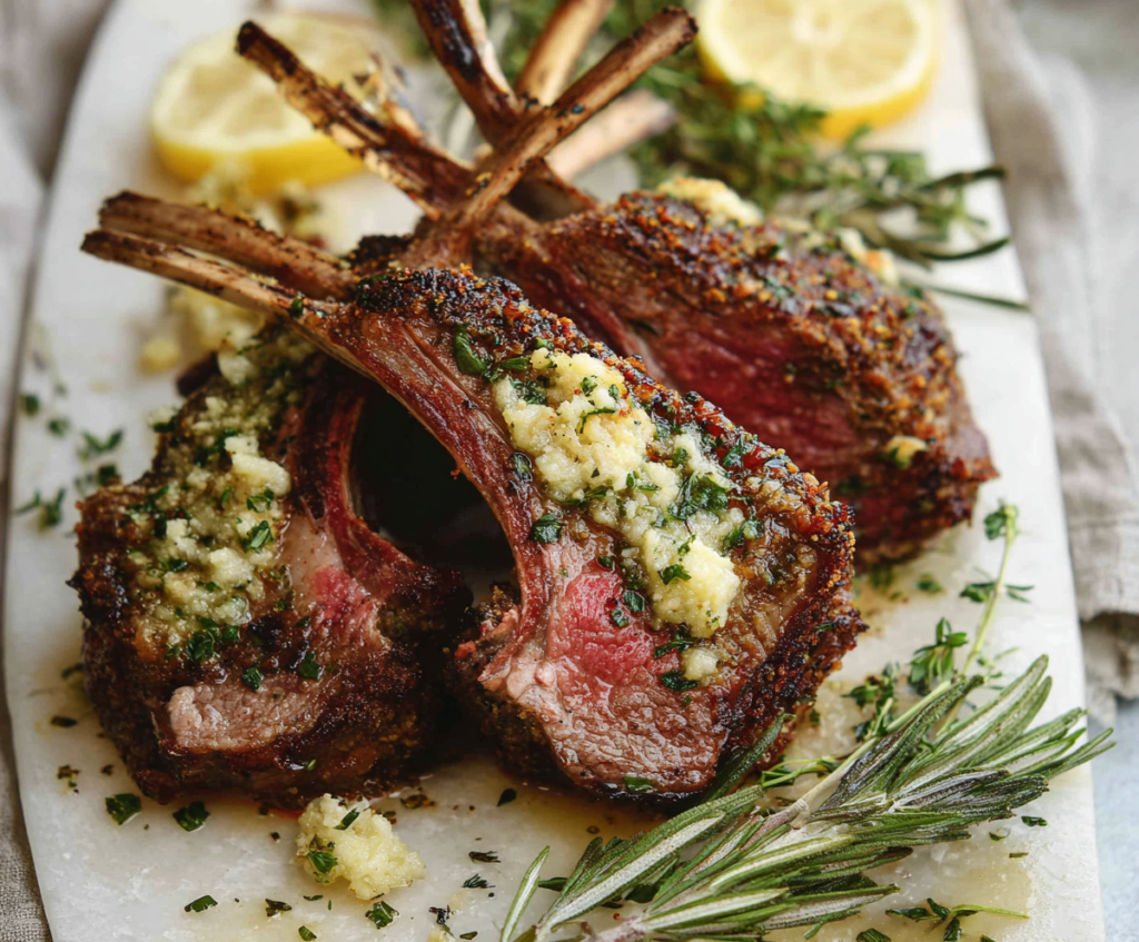Juicy garlic and herb crusted lamb chops served on a white plate, garnished with fresh herbs.