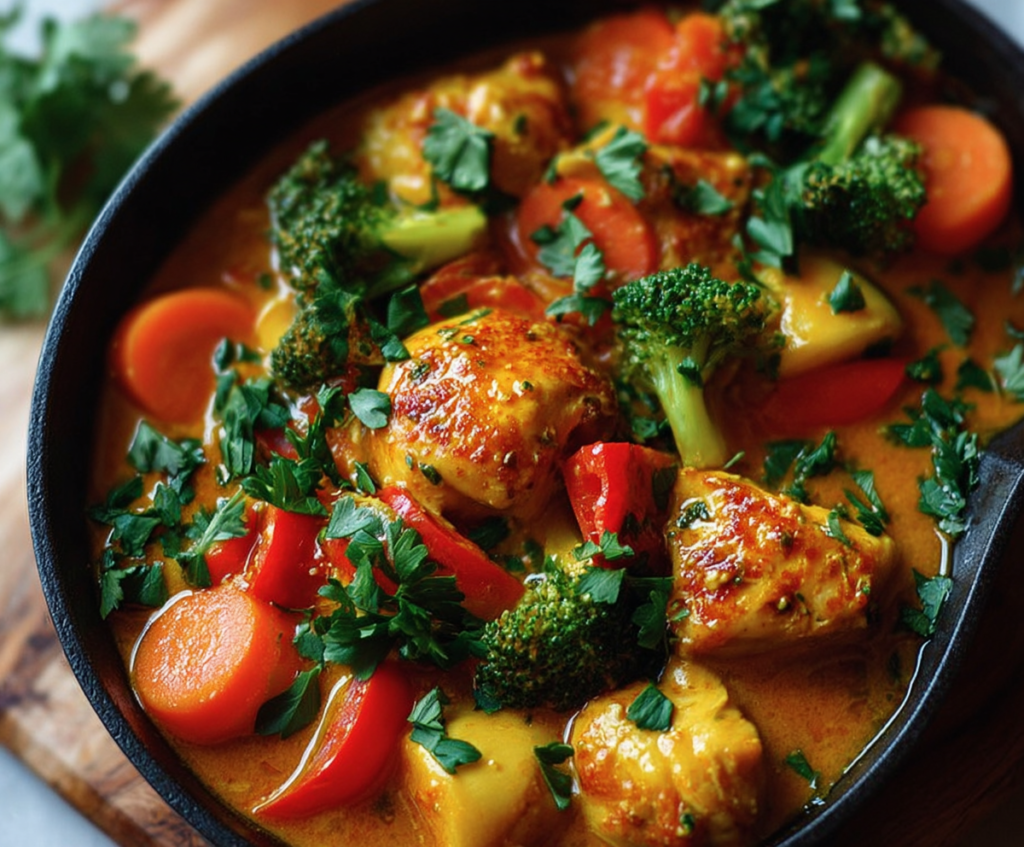 Delicious healthy chicken and vegetable curry in a bowl, showcasing colorful vegetables and tender chicken pieces.