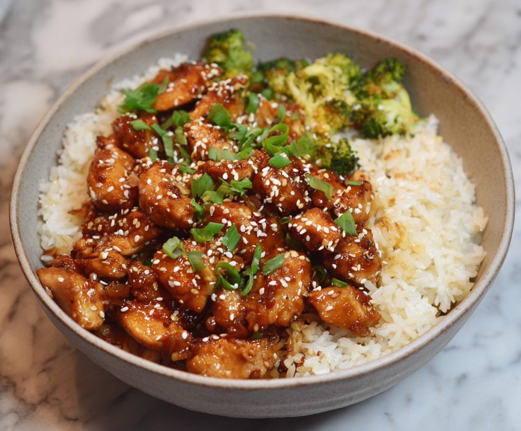 Delicious healthy sesame chicken served on a white plate, garnished with sesame seeds and fresh greens.