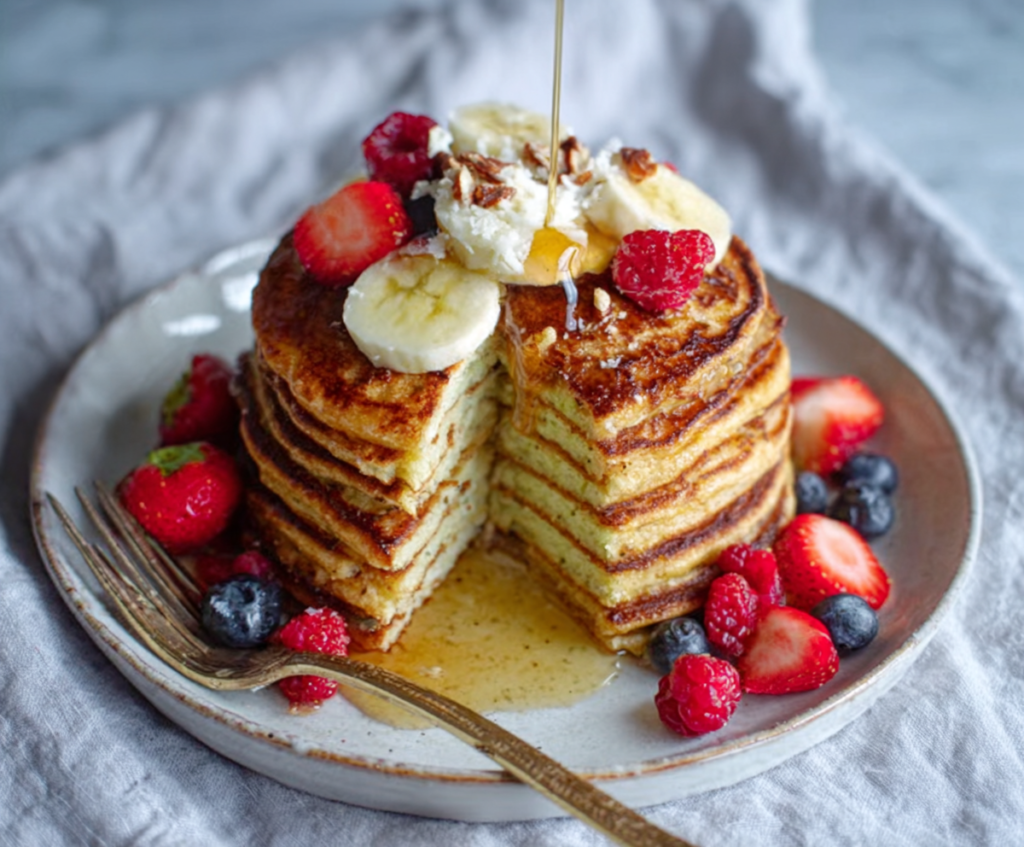 Delicious high-protein cottage cheese pancakes served on a breakfast plate, garnished with fresh fruit and syrup.