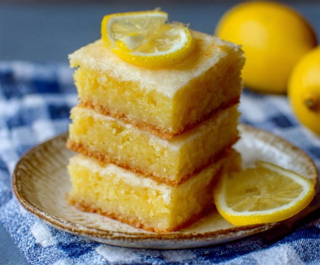 Delicious homemade lemon brownies topped with fresh lemon slices and powdered sugar.