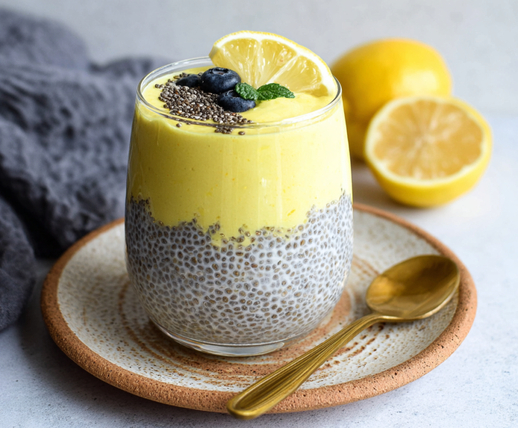 A refreshing Lemon Cream Chia Pudding served in a glass bowl, garnished with lemon slices and fresh mint.
