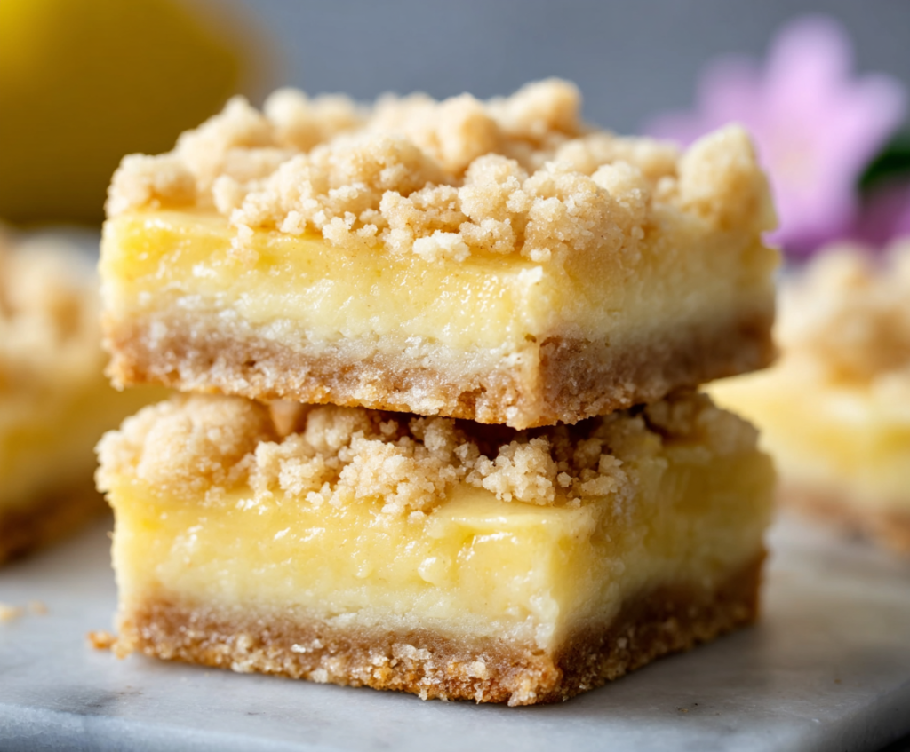 Delicious Lemon Crumb Bars with a golden crumb topping and zesty lemon filling on a white plate