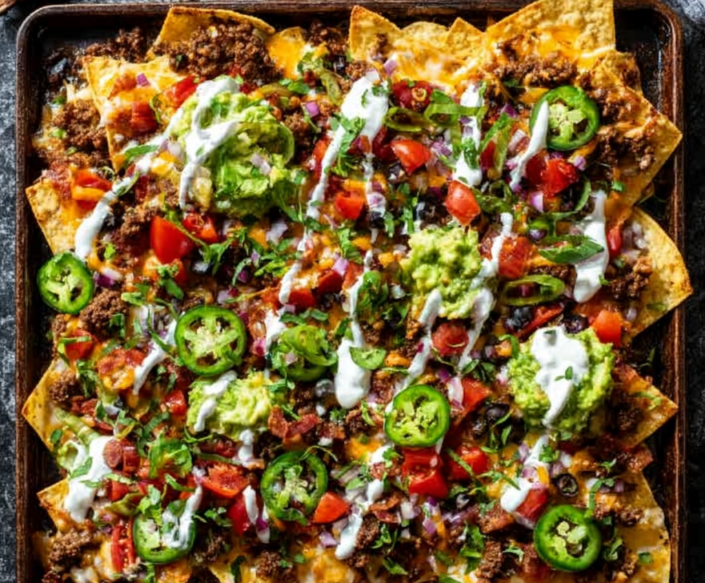 Loaded Sheet Pan Nachos topped with melted cheese, jalapenos, and seasoned beef served on a baking sheet.