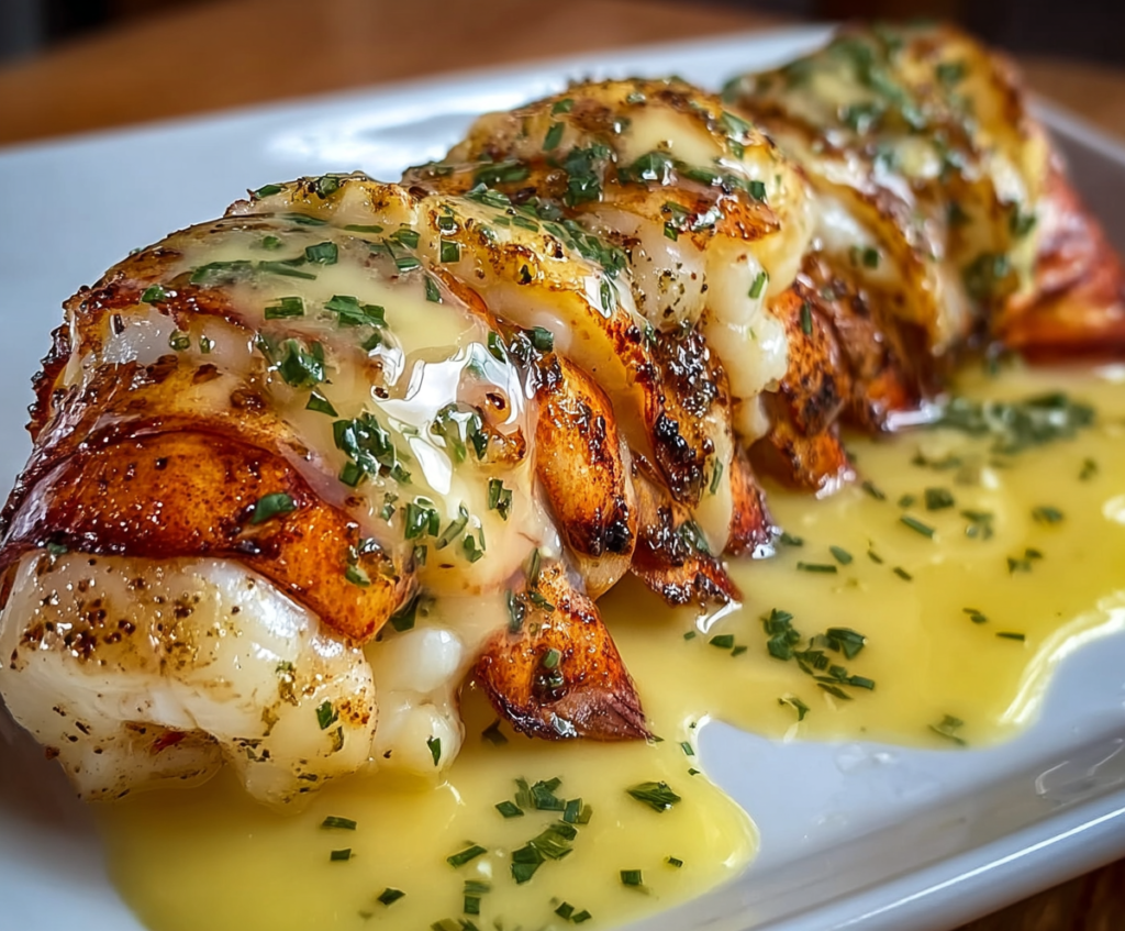 Delicious lobster tail topped with garlic butter served on a elegant plate