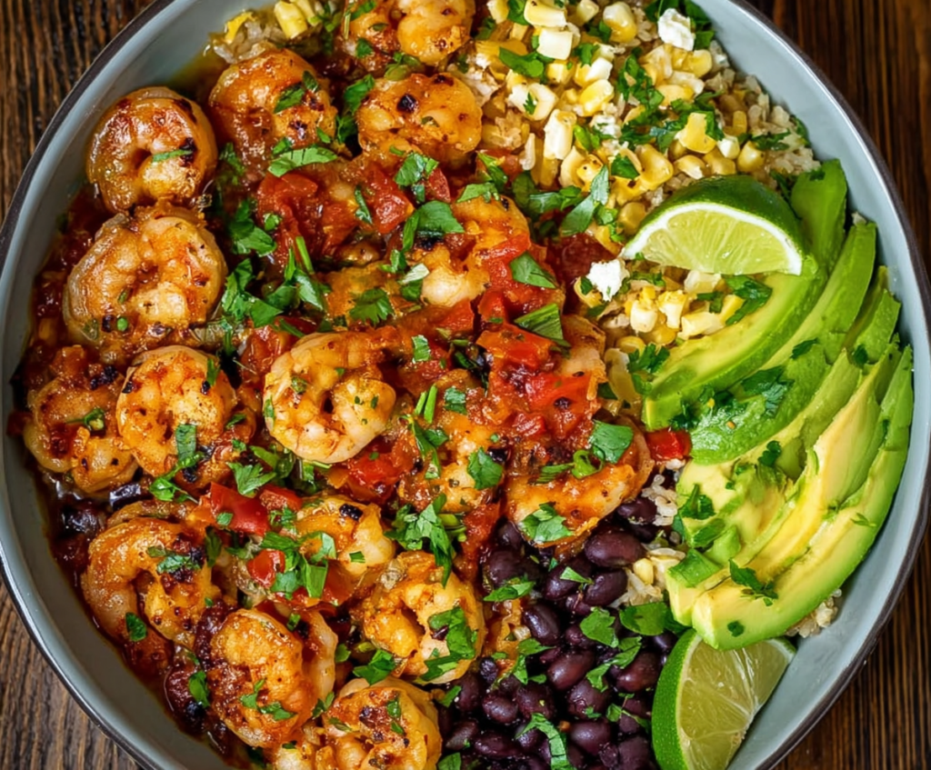 Delicious Mexican shrimp bowls with fresh vegetables and flavorful spices on a vibrant plate.