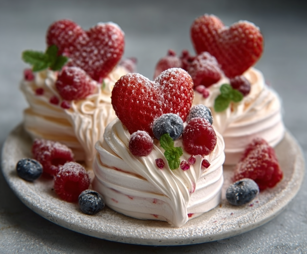 Delicious mini heart-shaped pavlovas topped with fresh berries and whipped cream.