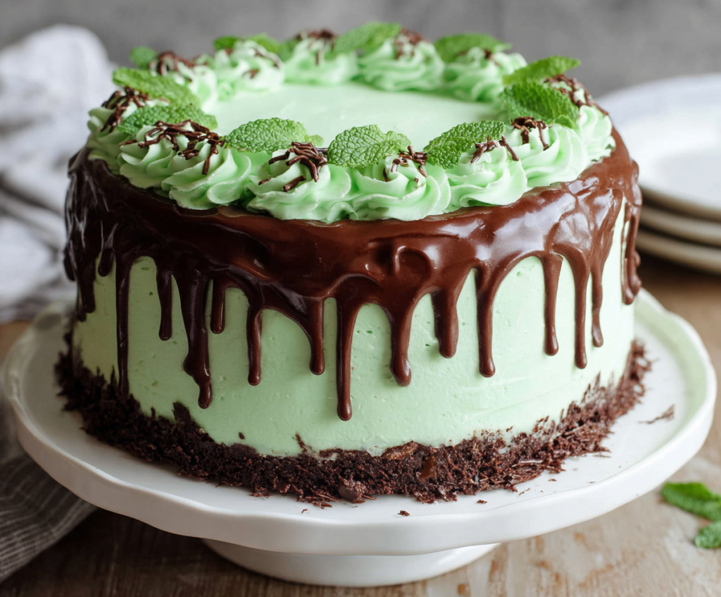 Delicious mint and chocolate chip cake with chocolate swirls and fresh mint leaves