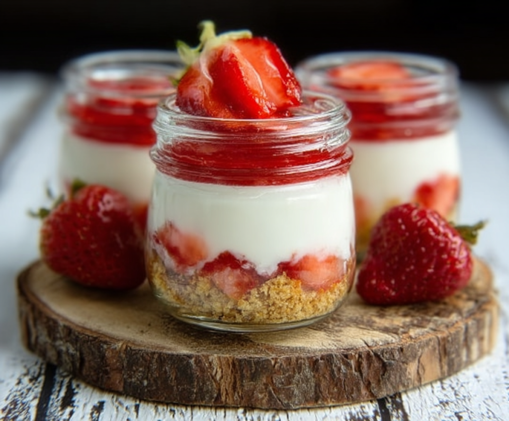 Delicious no-bake strawberry cheesecake jars with fresh strawberries and creamy filling.