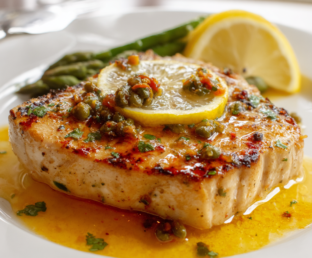 Oven-baked swordfish fillet topped with lemon butter sauce on a white plate.