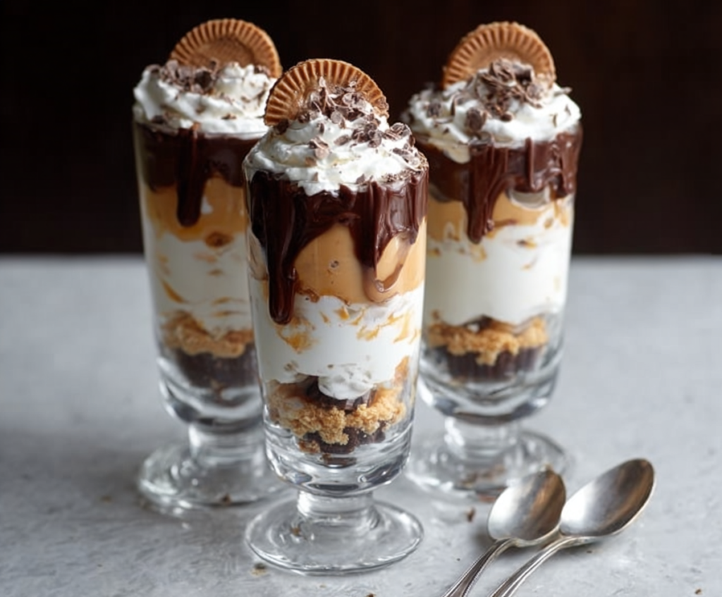 Delicious peanut butter cup parfait layered with creamy peanut butter, rich chocolate, and whipped cream in a glass.