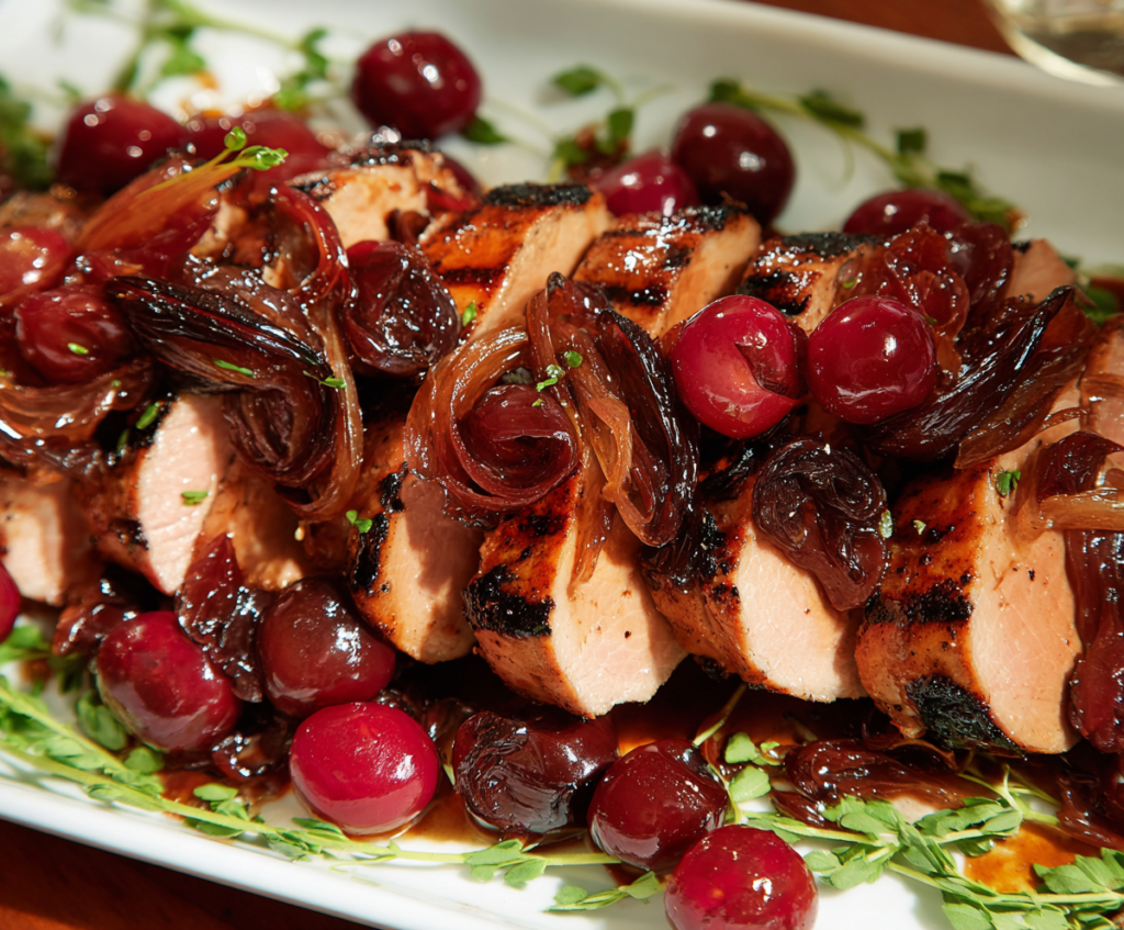 Succulent pork tenderloin topped with vibrant agrodolce cherries, served as a gourmet main dish.