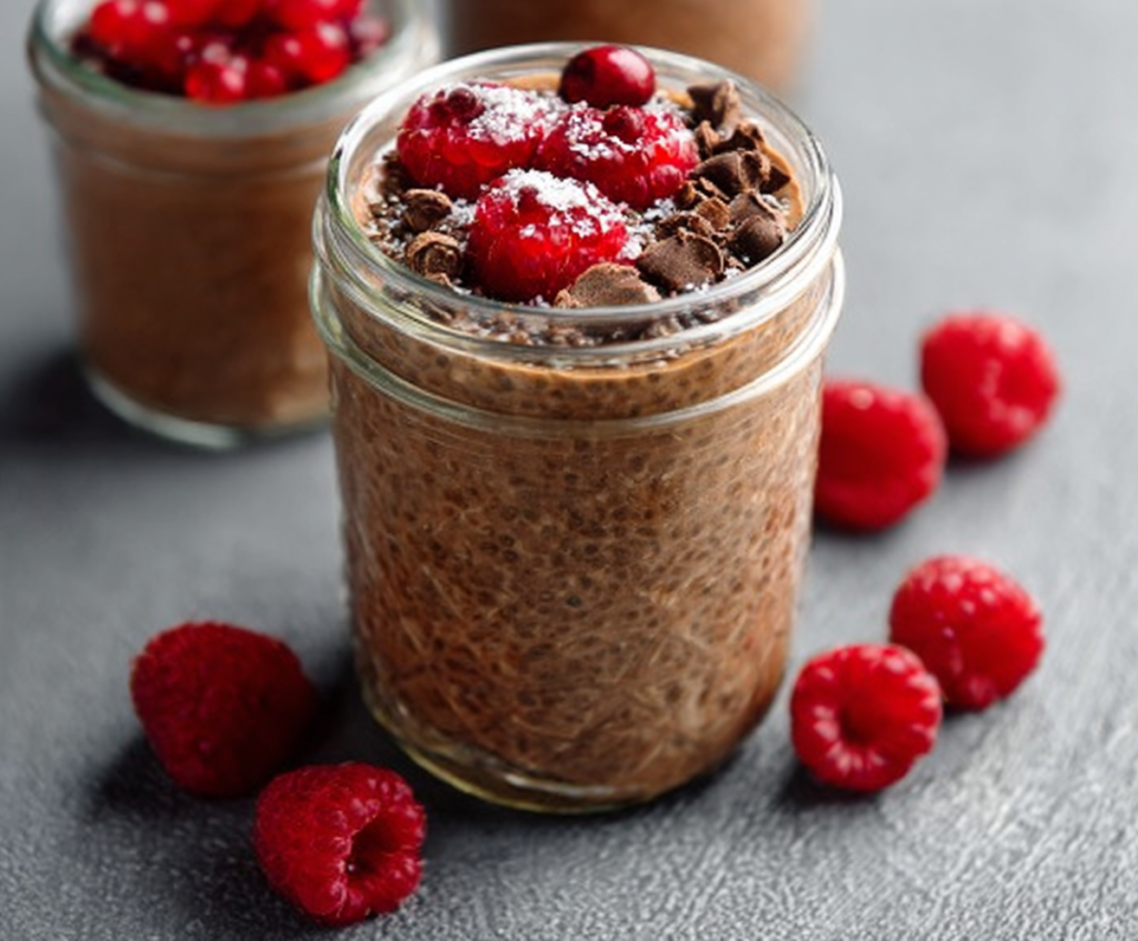 Delicious protein chocolate chia pudding served in a glass bowl, garnished with fresh berries and a drizzle of chocolate.