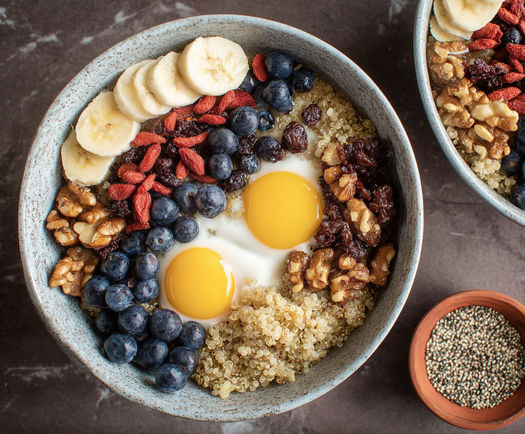 Colorful quinoa breakfast bowls topped with fresh fruits and nuts, perfect for a healthy start to your day.
