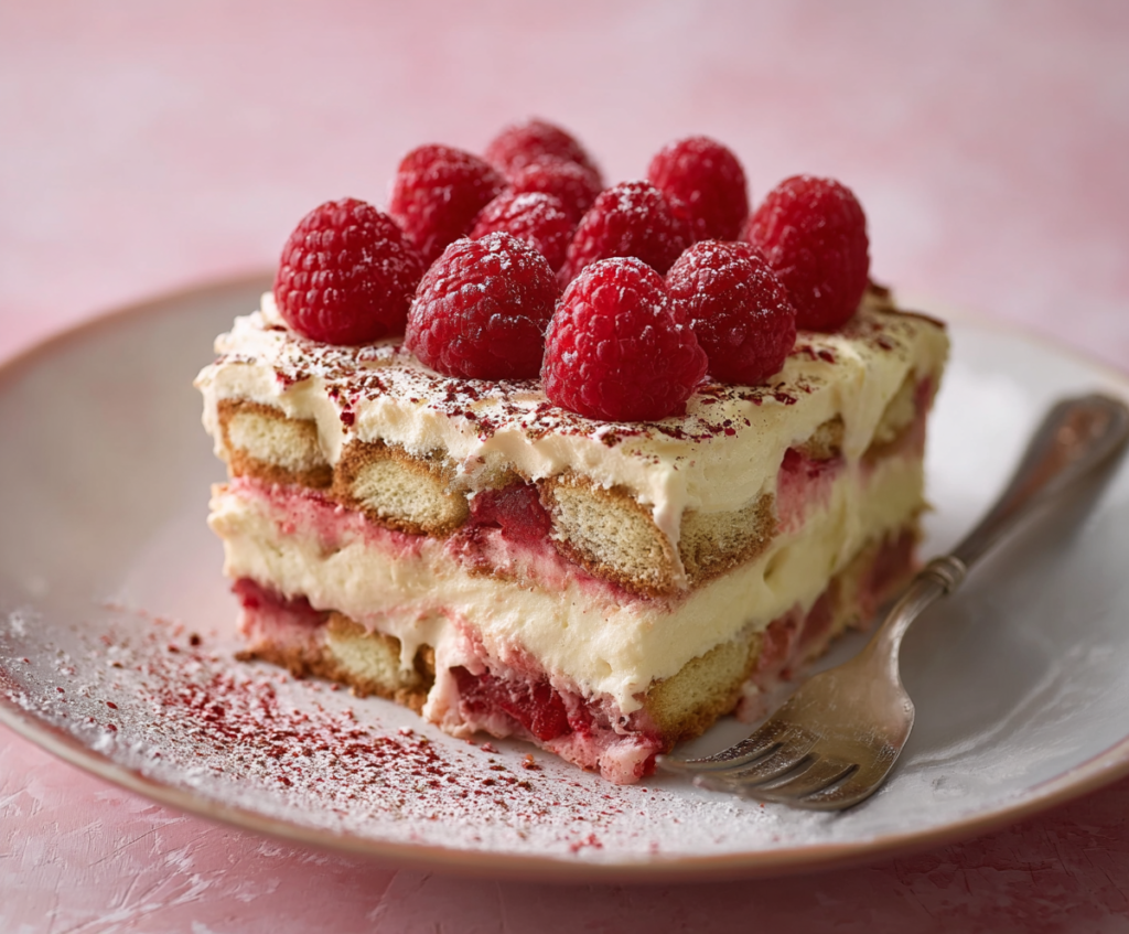 Delicious Raspberry Tiramisu dessert served in a glass with fresh raspberries on top