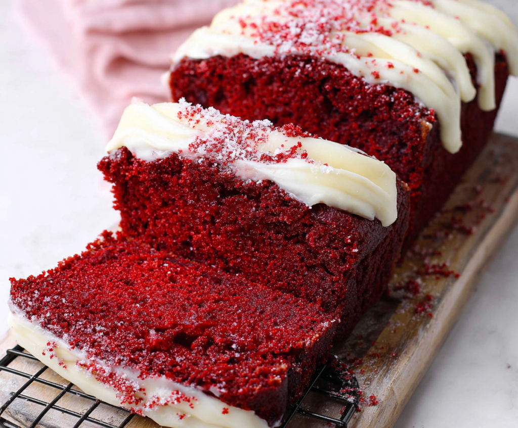 Delicious Red Velvet Loaf Cake sliced to reveal rich cream cheese frosting inside.
