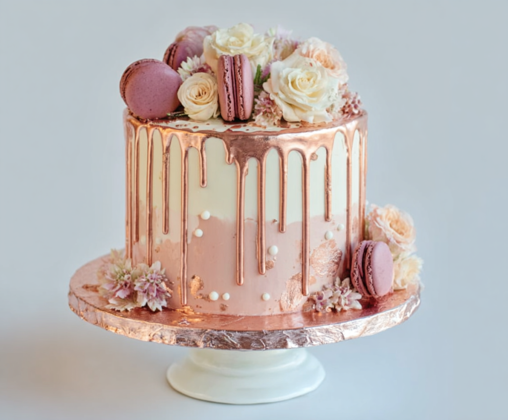 Elegant rose gold drip cake decorated with gold accents and fresh flowers for a luxurious celebration
