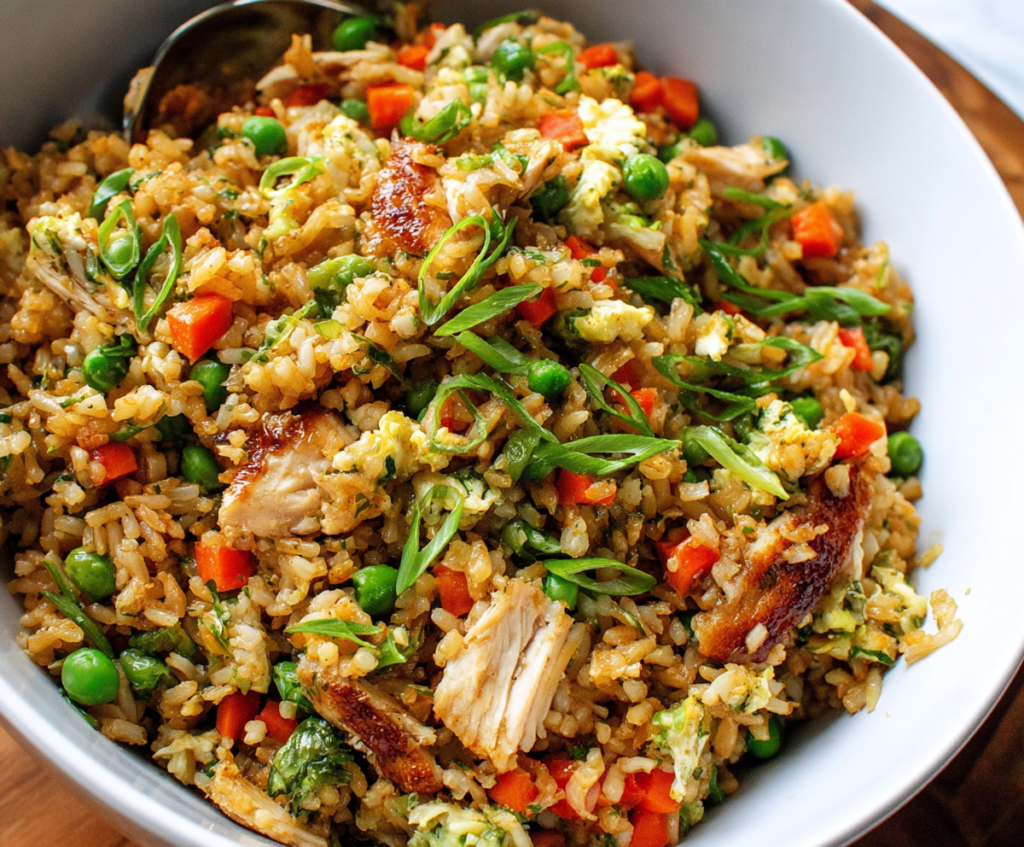 Delicious rotisserie chicken fried rice garnished with scallions on a white plate