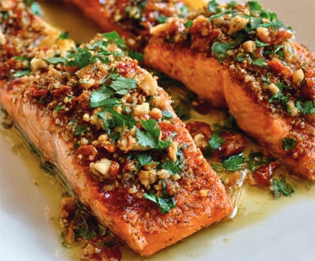 Crispy Salmon with Nut Salsa