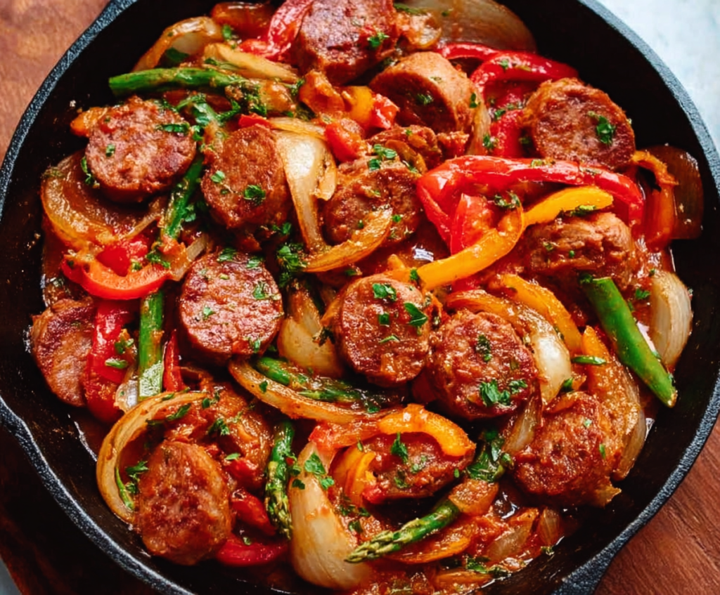 Delicious sausage and mixed vegetable skillet cooked to perfection with vibrant colors.